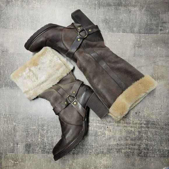 Stetson Shoes - STETSON Fur Lined Leather Harness Tall Chunky High Heel Boots